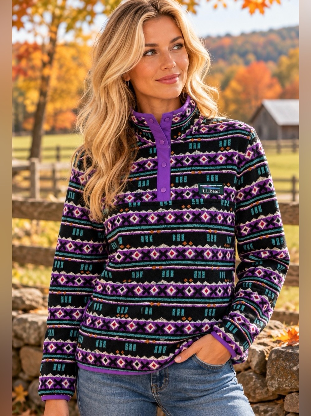 LL Bean Womens S Petite Fleece Pullover Snap T Aztec Geometric Purple Black